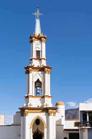 landmark church facade and belltower in san luis soyatlan