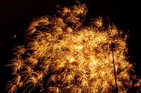 Yellow starburst fireworks against black sky